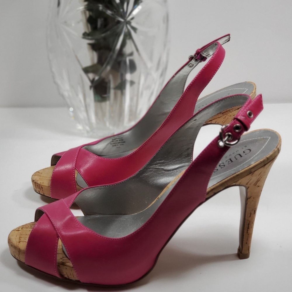 Women's Leather Pink Peep-Toe Slingback Heels  9.5